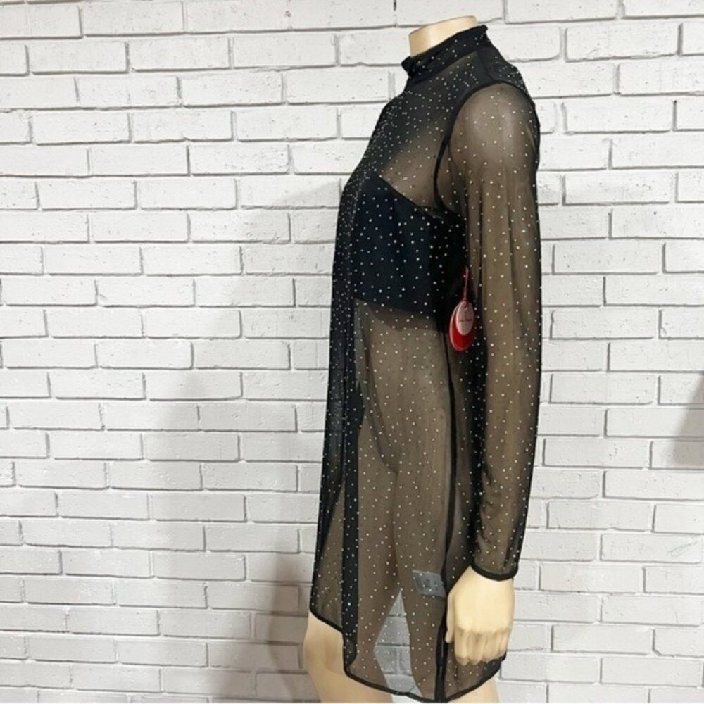 Eva Franco Long‑Sleeve Sheer Mesh Rhinestone Tunic Top, Size M — Statement Layer - Picture 3 of 7